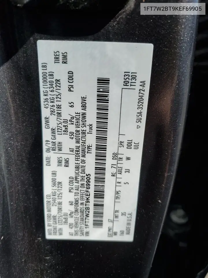 2019 Ford F250 Super Duty VIN: 1FT7W2BT9KEF69905 Lot: 56722215