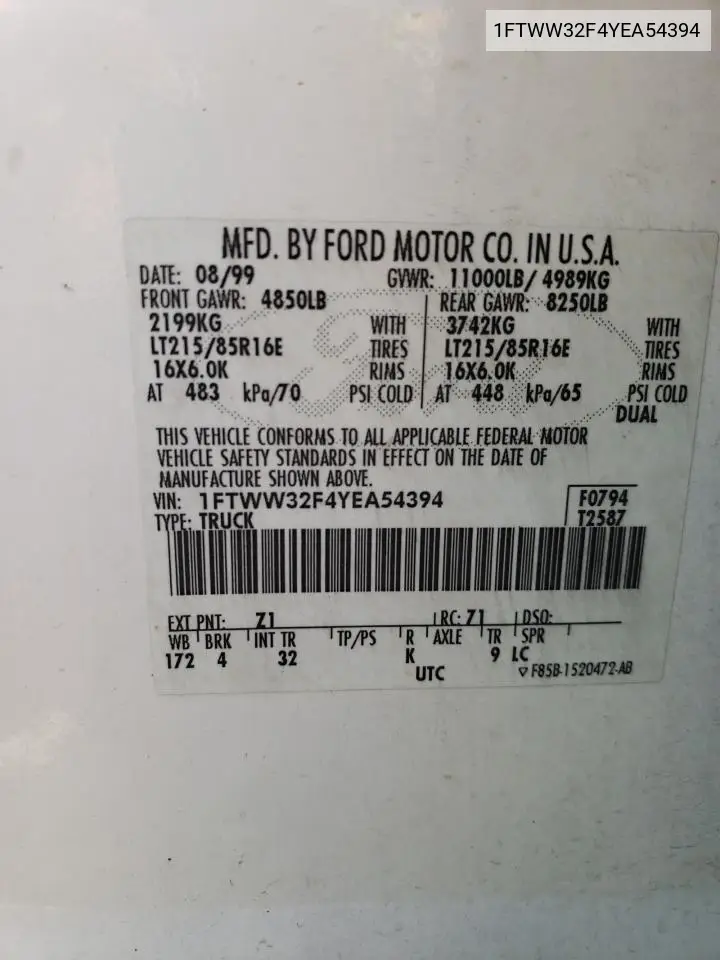 2000 Ford F350 Super Duty VIN: 1FTWW32F4YEA54394 Lot: 62365595