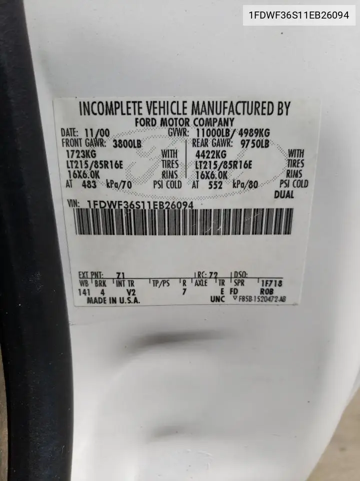 2001 Ford F350 Super Duty VIN: 1FDWF36S11EB26094 Lot: 56852115