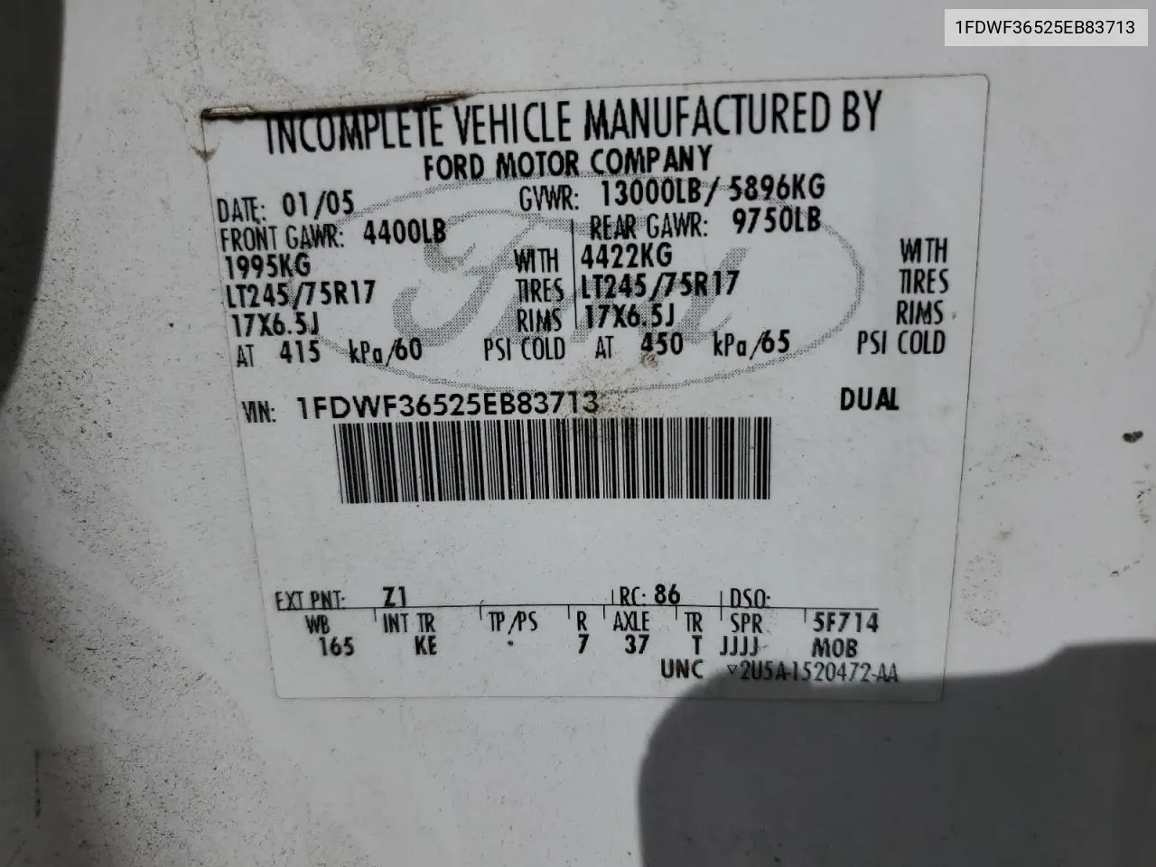 2005 Ford F350 Super Duty VIN: 1FDWF36525EB83713 Lot: 55090685