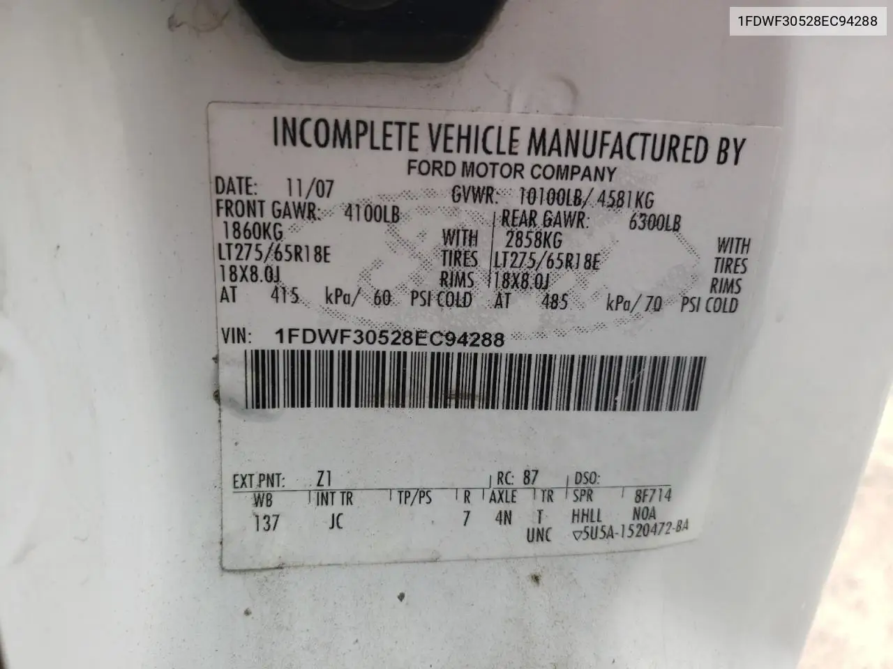 2008 Ford F350 Srw Super Duty VIN: 1FDWF30528EC94288 Lot: 54569175
