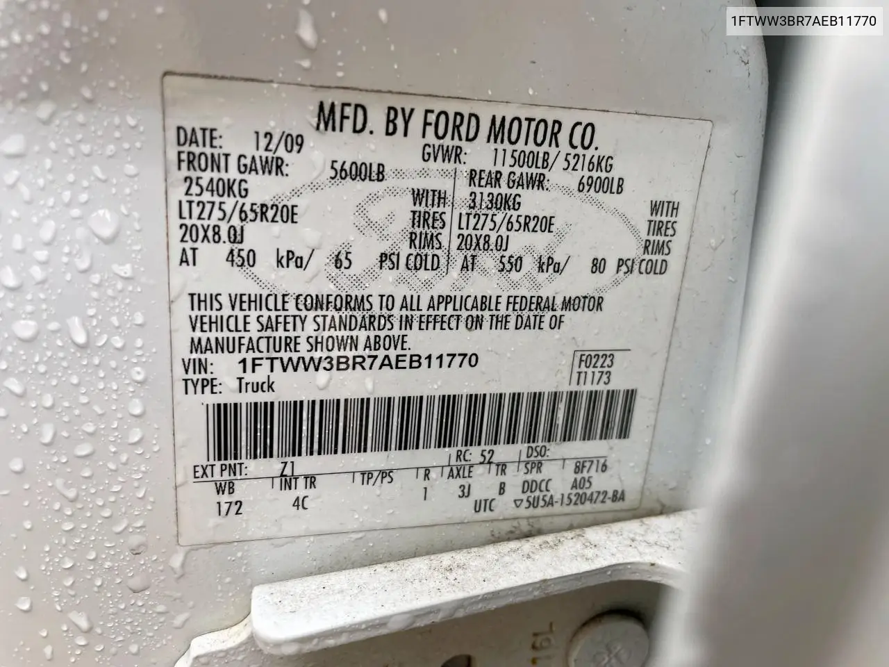 2010 Ford F350 Super Duty VIN: 1FTWW3BR7AEB11770 Lot: 63140285