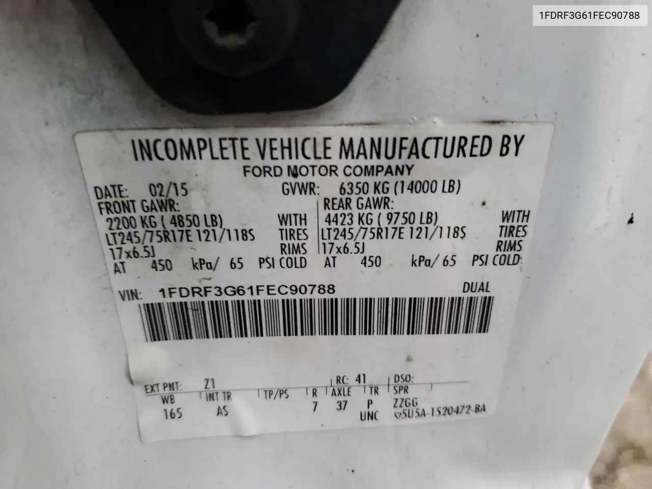 2015 Ford F350 Super Duty VIN: 1FDRF3G61FEC90788 Lot: 53064265