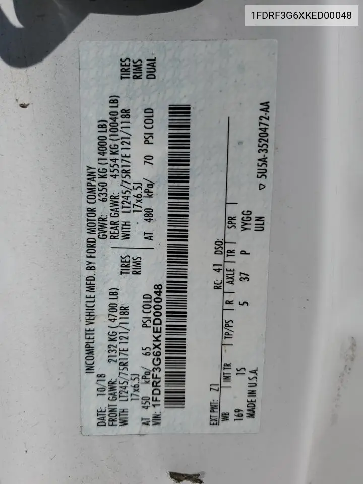 2019 Ford F350 Super Duty VIN: 1FDRF3G6XKED00048 Lot: 52503955