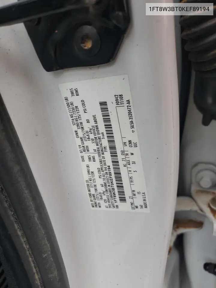 2019 Ford F350 Super Duty VIN: 1FT8W3BT0KEF89194 Lot: 62990055
