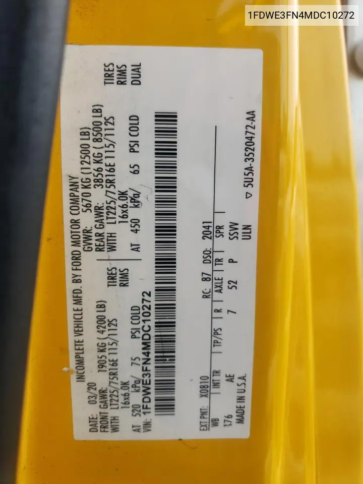 2021 Ford Econoline E350 Super Duty Cutaway Van VIN: 1FDWE3FN4MDC10272 Lot: 54802825