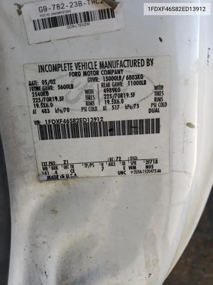 2002 Ford F450 Super Duty VIN: 1FDXF46S82ED13912 Lot: 61944805