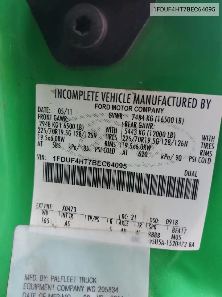 2011 Ford F450 Super Duty VIN: 1FDUF4HT7BEC64095 Lot: 63072415