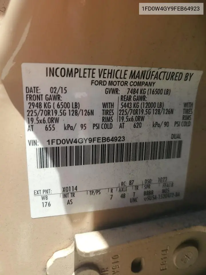 2015 Ford F450 Super Duty VIN: 1FD0W4GY9FEB64923 Lot: 61813665