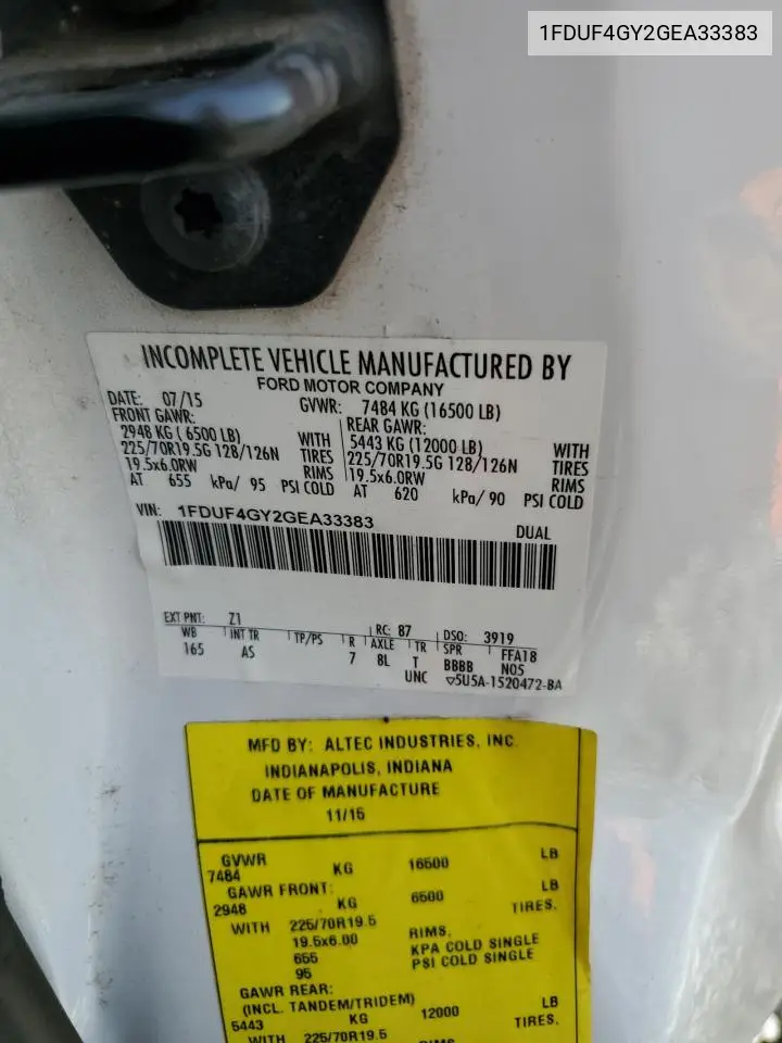 2016 Ford F450 Super Duty VIN: 1FDUF4GY2GEA33383 Lot: 43338395