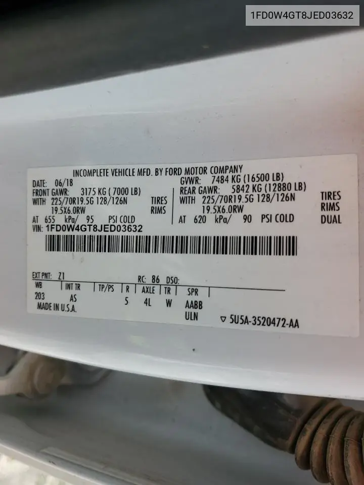 2018 Ford F450 Super Duty VIN: 1FD0W4GT8JED03632 Lot: 62152685
