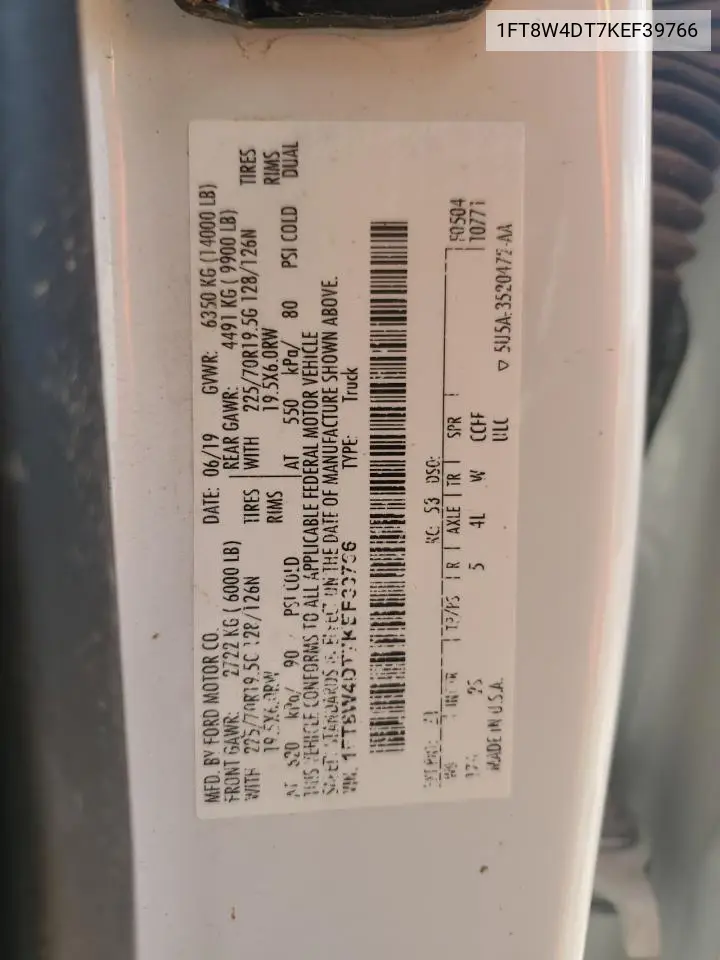 2019 Ford F450 Super Duty VIN: 1FT8W4DT7KEF39766 Lot: 61757885