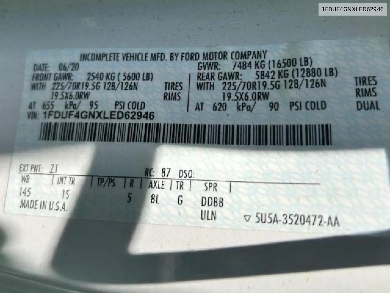 2020 Ford F450 Super Duty VIN: 1FDUF4GNXLED62946 Lot: 63101115