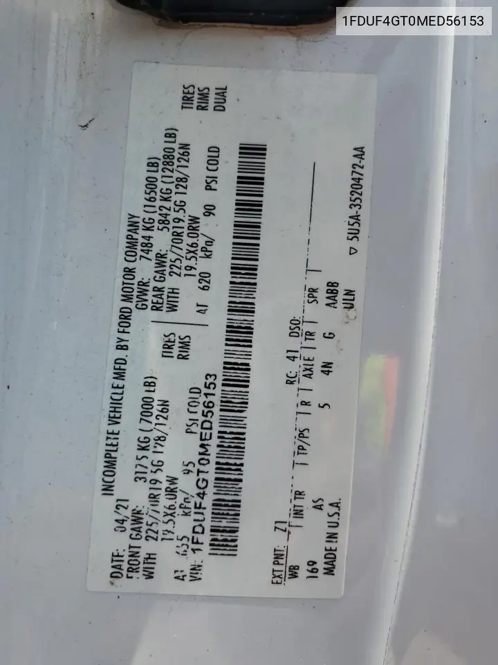 2021 Ford F450 Super Duty VIN: 1FDUF4GT0MED56153 Lot: 54900315