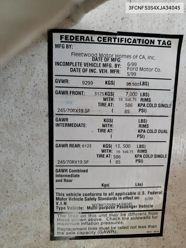 1999 Ford F550 Super Duty Stripped Chassis VIN: 3FCNF53S4XJA34045 Lot: 65208415