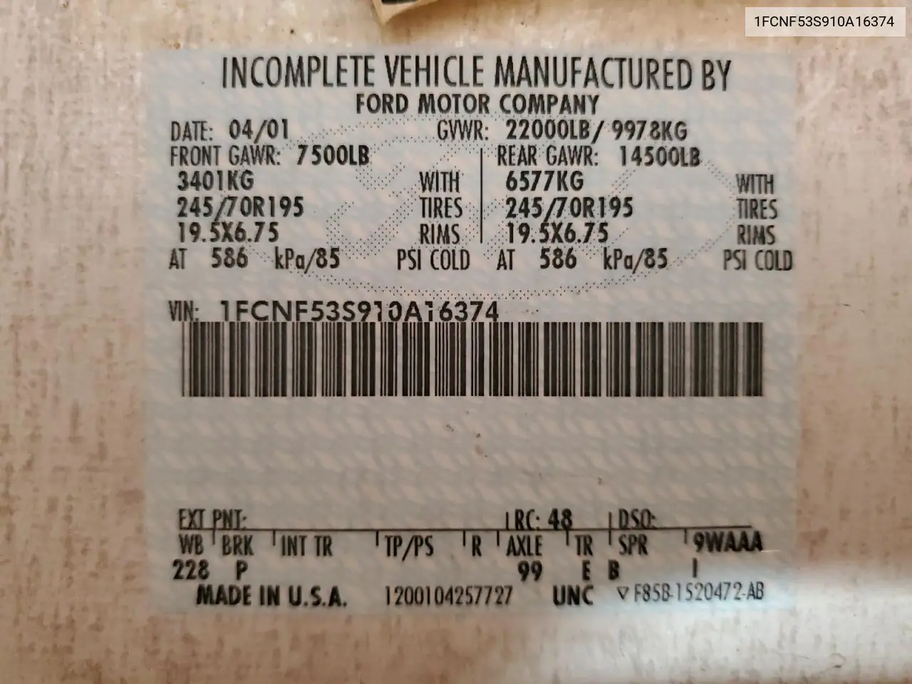 2001 Ford F550 Super - Rvs Rv VIN: 1FCNF53S910A16374 Lot: 65089155
