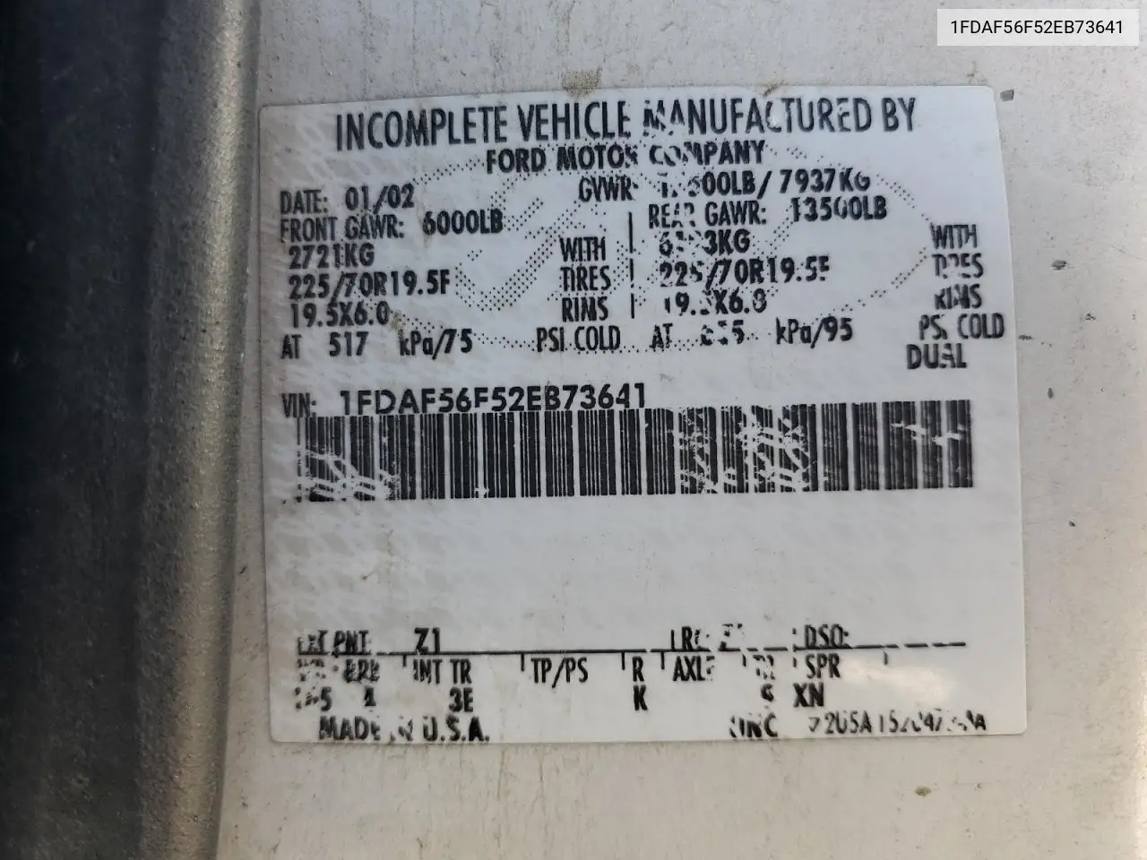 2002 Ford F550 Super Duty VIN: 1FDAF56F52EB73641 Lot: 65739115