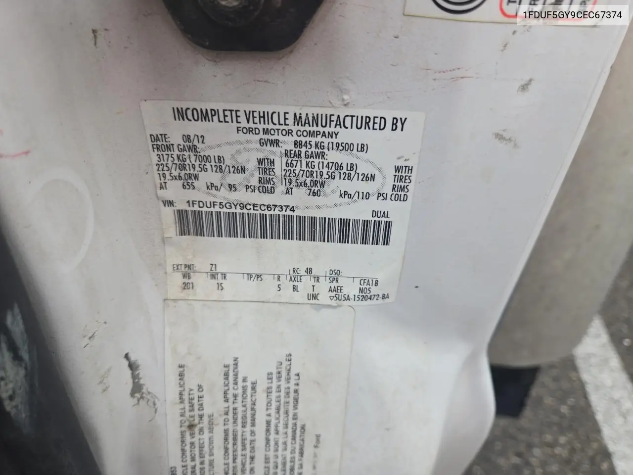 2012 Ford F550 Super Duty VIN: 1FDUF5GY9CEC67374 Lot: 61781555