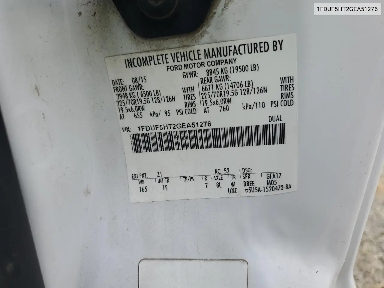 2016 Ford F550 Super Duty VIN: 1FDUF5HT2GEA51276 Lot: 63654155