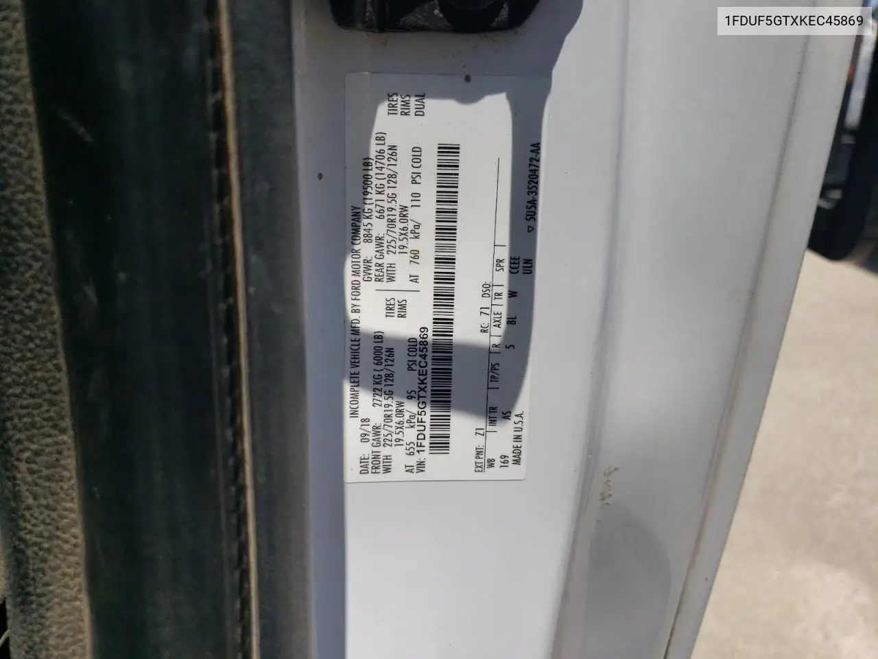 2019 Ford F550 Super Duty VIN: 1FDUF5GTXKEC45869 Lot: 62522335