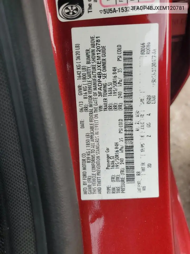 2014 Ford Fiesta Se VIN: 3FADP4BJXEM120781 Lot: 63207515