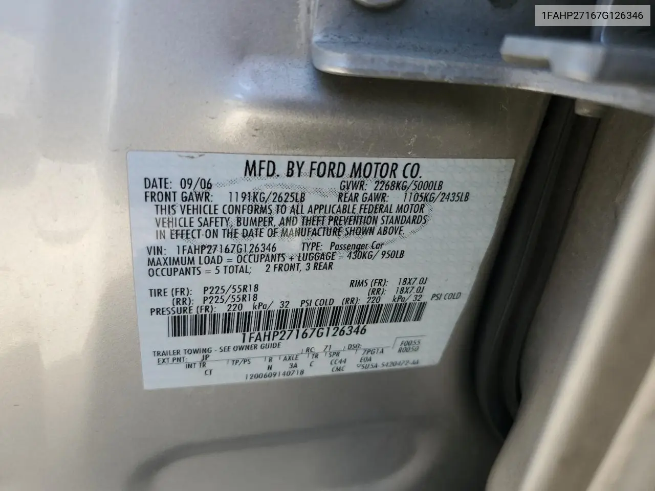 2007 Ford Five Hundred Sel VIN: 1FAHP27167G126346 Lot: 52763165