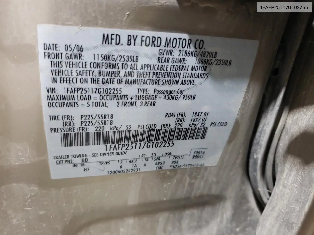 2007 Ford Five Hundred Limited VIN: 1FAFP25117G102255 Lot: 59794085