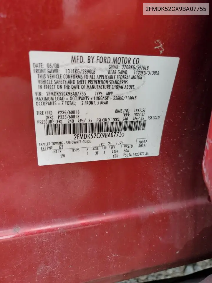 2009 Ford Flex Sel VIN: 2FMDK52CX9BA07755 Lot: 56385835
