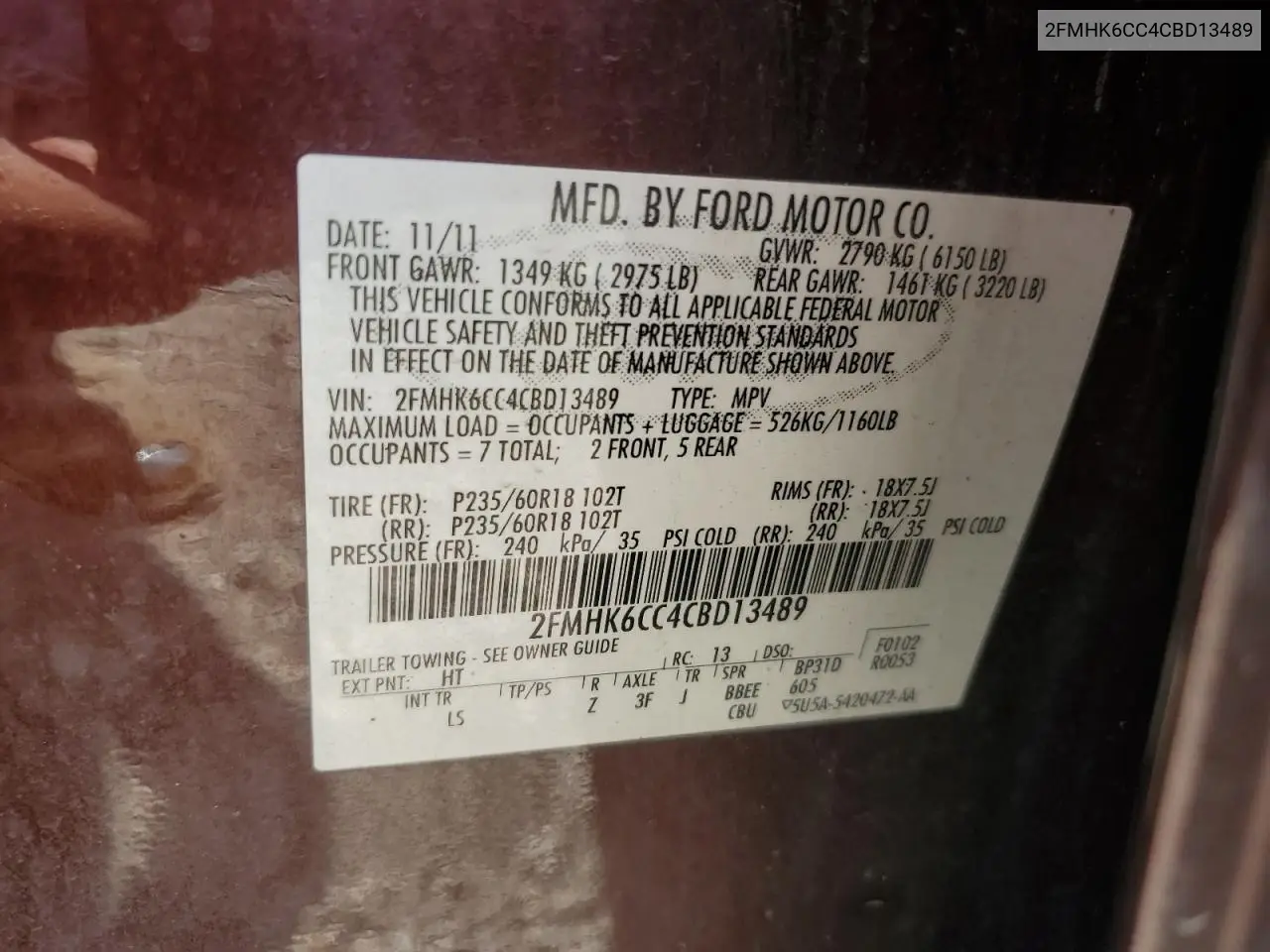2012 Ford Flex Sel VIN: 2FMHK6CC4CBD13489 Lot: 62171565