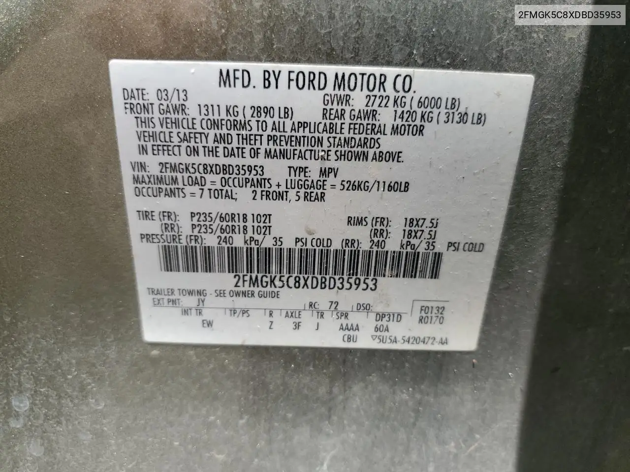 2013 Ford Flex Sel VIN: 2FMGK5C8XDBD35953 Lot: 62596045