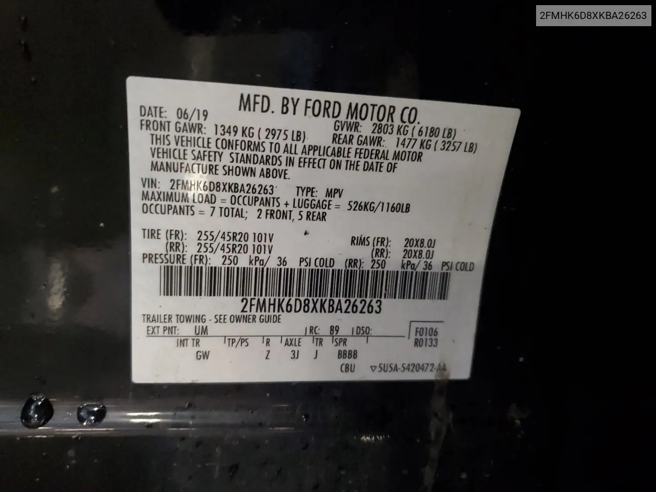 2019 Ford Flex Limited VIN: 2FMHK6D8XKBA26263 Lot: 64736275