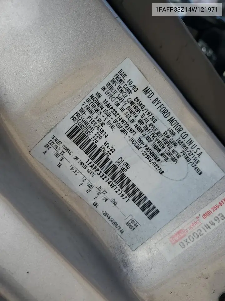 2004 Ford Focus Lx VIN: 1FAFP33Z14W121971 Lot: 63090405