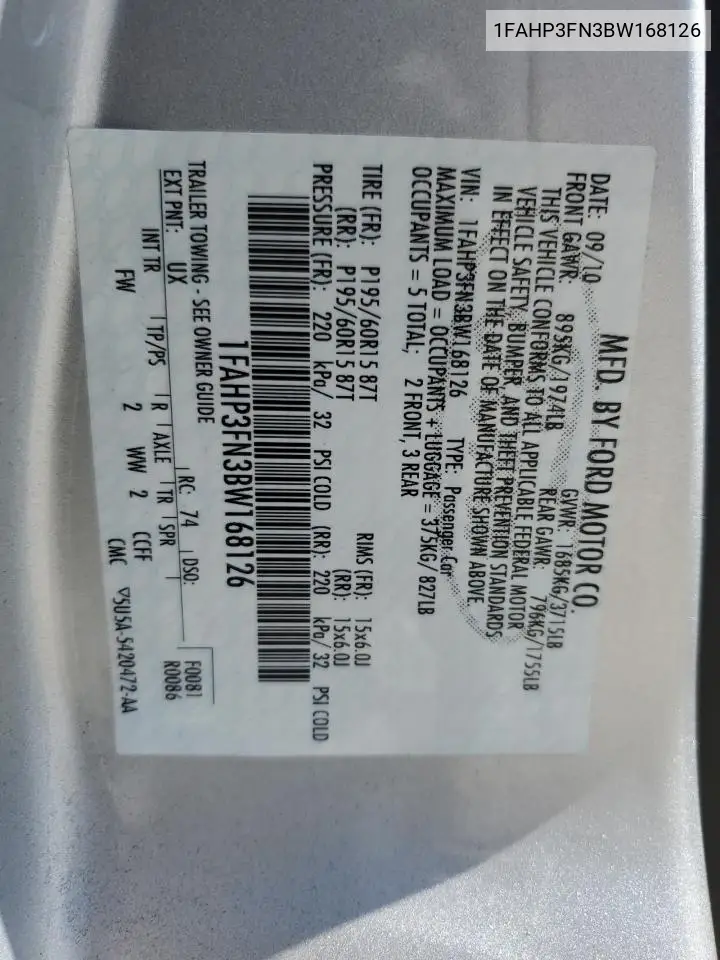 2011 Ford Focus Se VIN: 1FAHP3FN3BW168126 Lot: 63038475