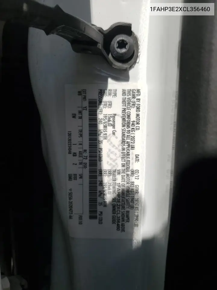 2012 Ford Focus S VIN: 1FAHP3E2XCL356460 Lot: 62527385