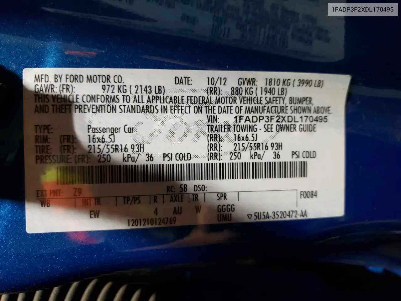 2013 Ford Focus Se VIN: 1FADP3F2XDL170495 Lot: 63289975