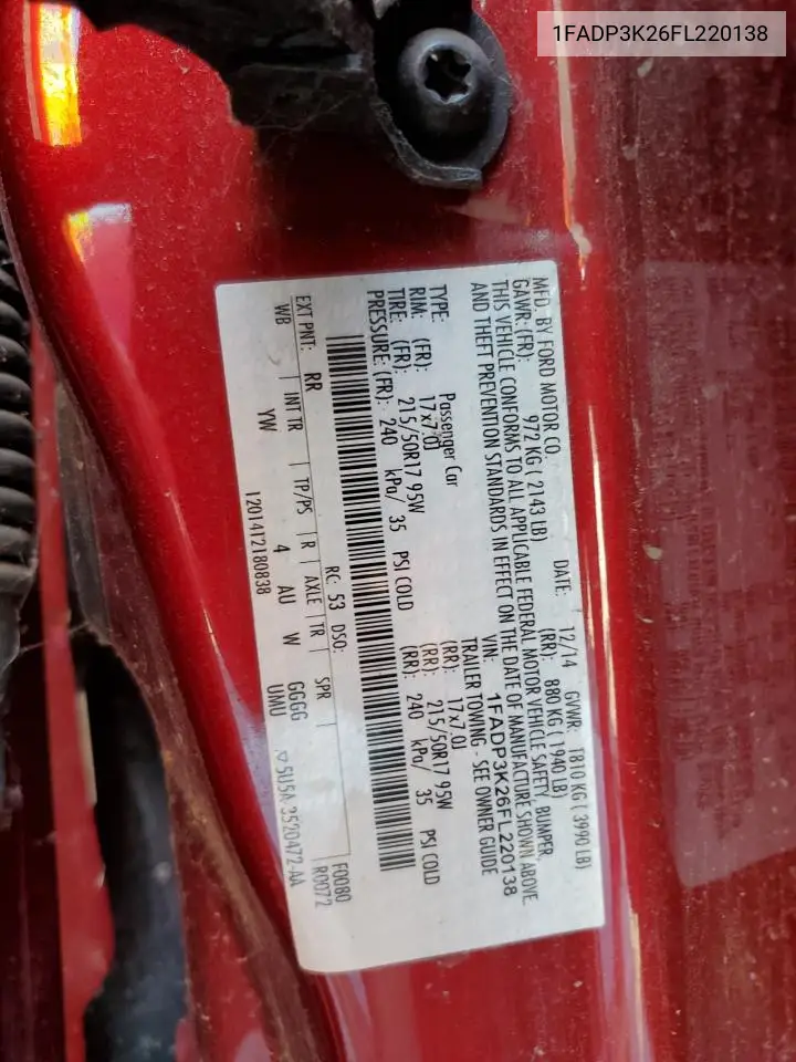 2015 Ford Focus Se VIN: 1FADP3K26FL220138 Lot: 62738495