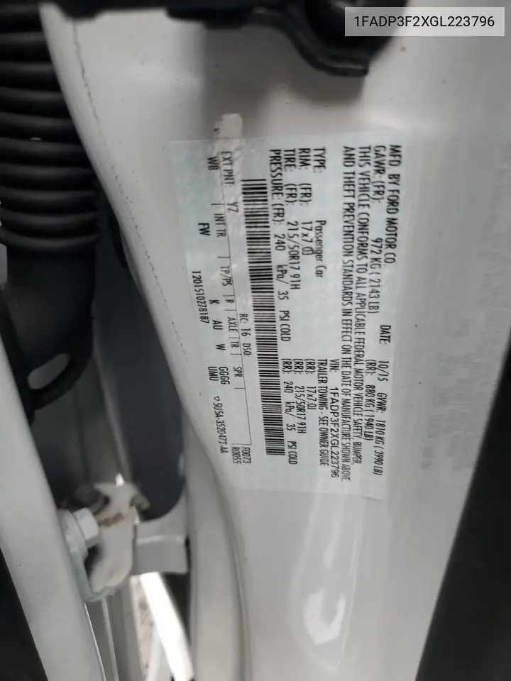 2016 Ford Focus Se VIN: 1FADP3F2XGL223796 Lot: 52567505