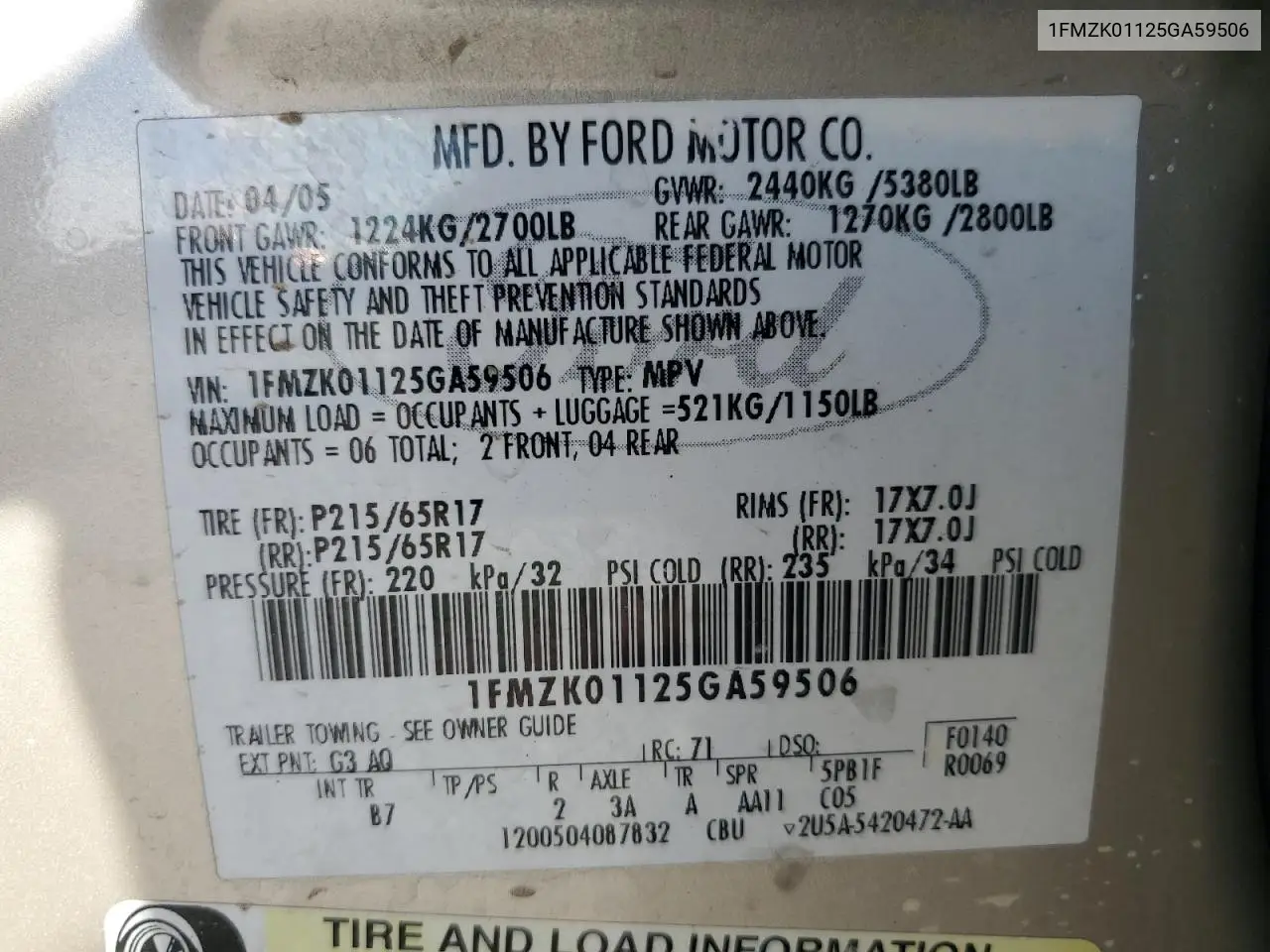 2005 Ford Freestyle Se VIN: 1FMZK01125GA59506 Lot: 56433745