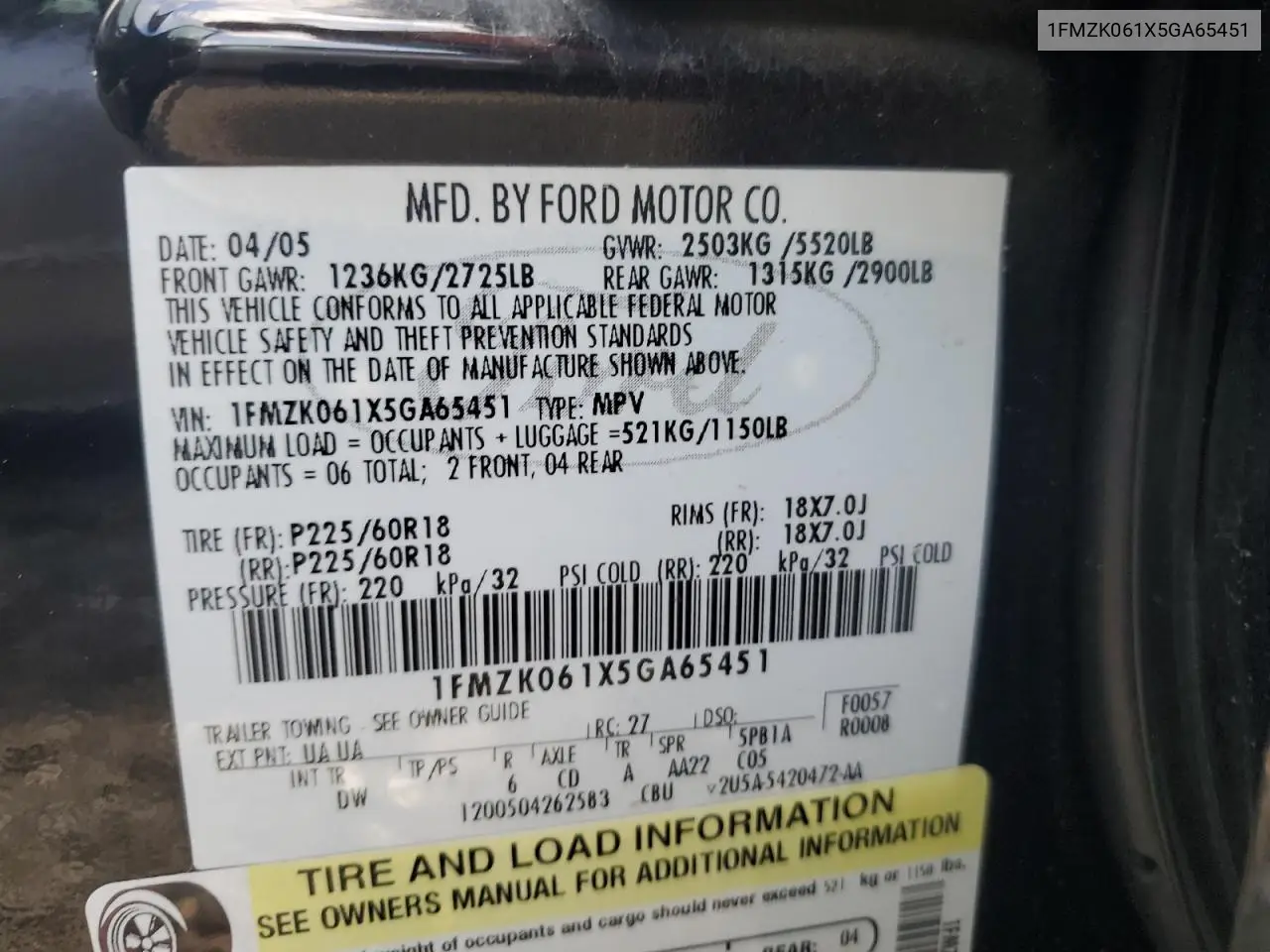 2005 Ford Freestyle Limited VIN: 1FMZK061X5GA65451 Lot: 64420555