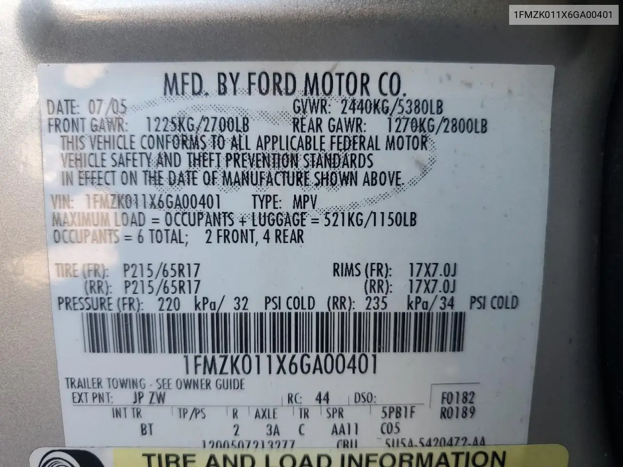 2006 Ford Freestyle Se VIN: 1FMZK011X6GA00401 Lot: 56218835