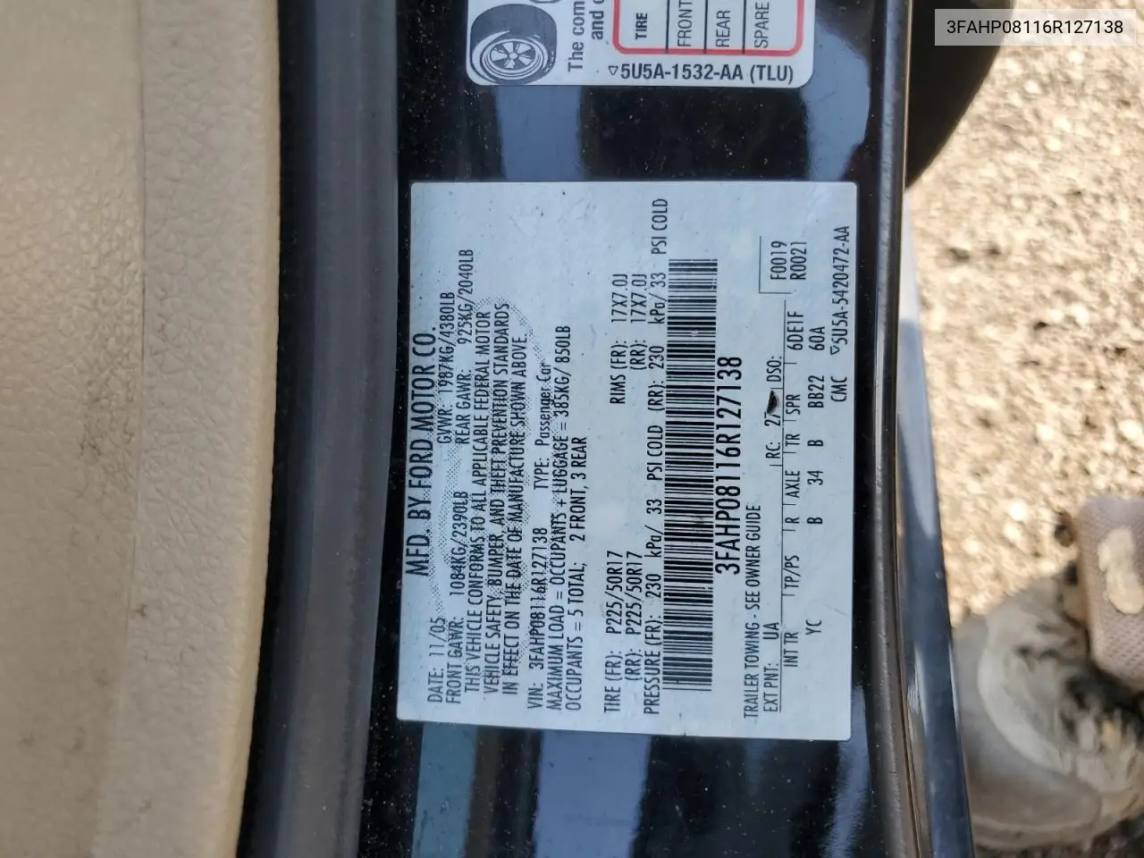 2006 Ford Fusion Sel VIN: 3FAHP08116R127138 Lot: 61878185