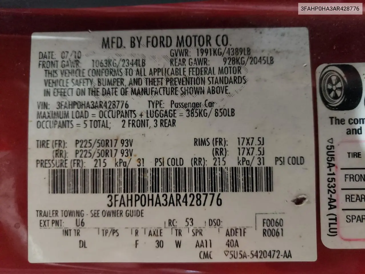 2010 Ford Fusion Se VIN: 3FAHP0HA3AR428776 Lot: 56866675