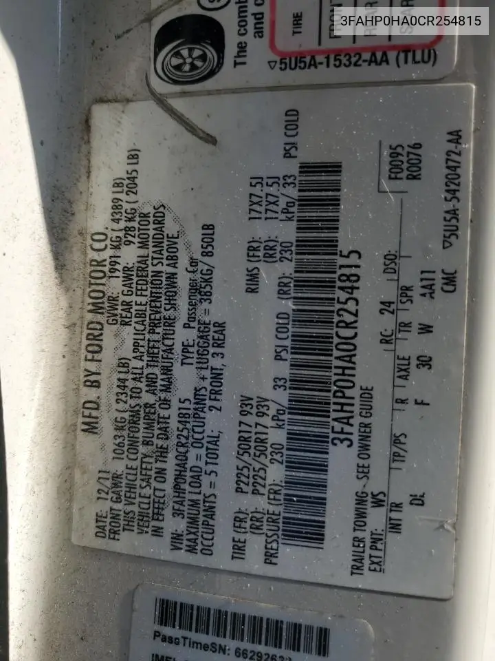 2012 Ford Fusion Se VIN: 3FAHP0HA0CR254815 Lot: 61973405