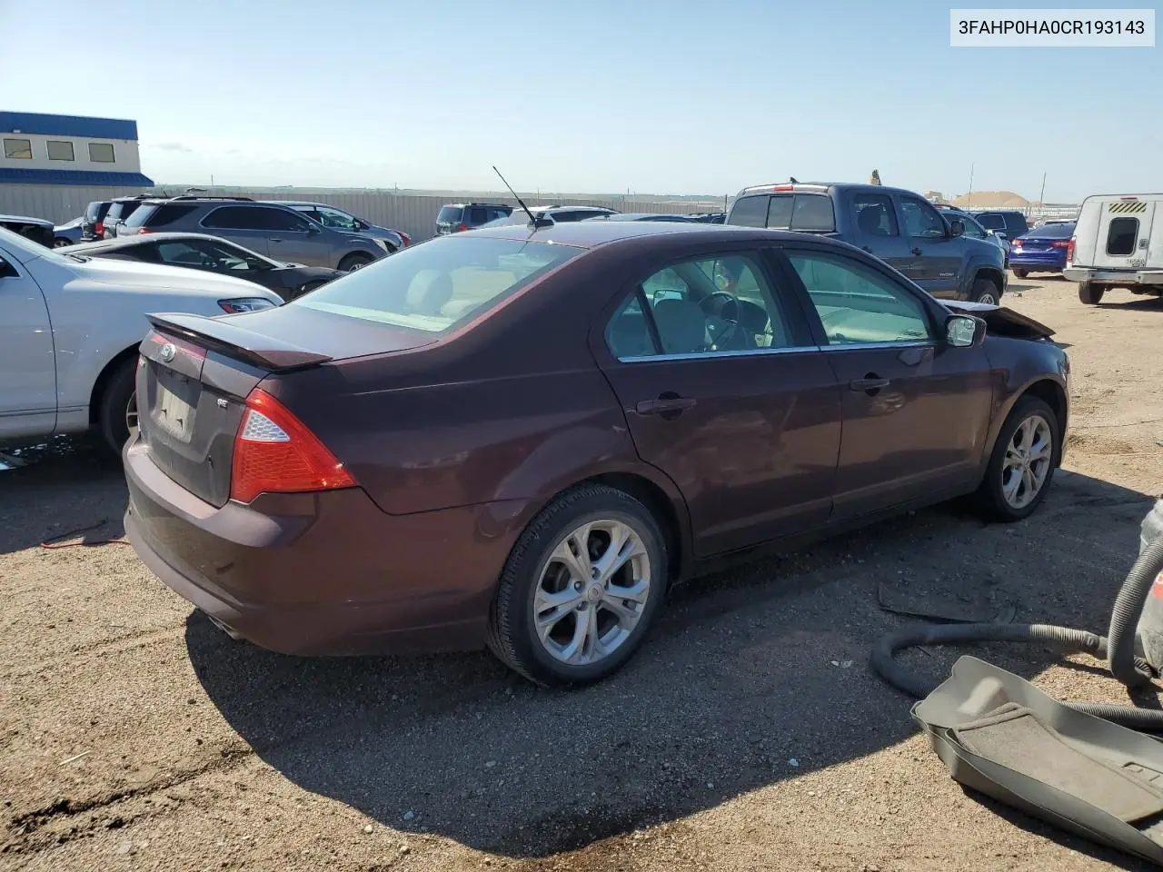2012 Ford Fusion Se VIN: 3FAHP0HA0CR193143 Lot: 62696565
