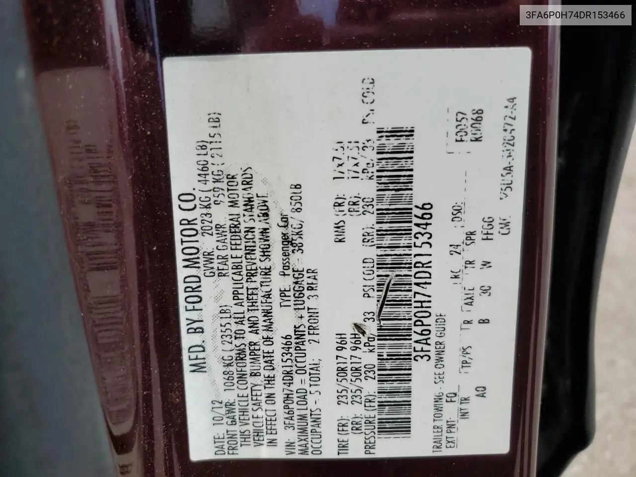 2013 Ford Fusion Se VIN: 3FA6P0H74DR153466 Lot: 55743285
