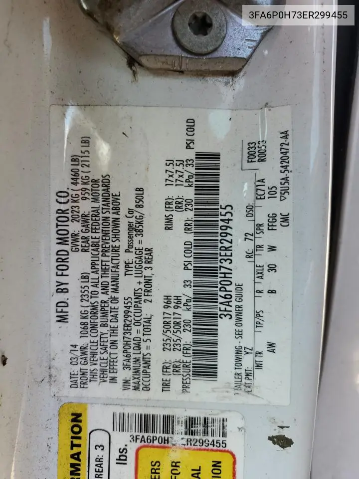 2014 Ford Fusion Se VIN: 3FA6P0H73ER299455 Lot: 62967665