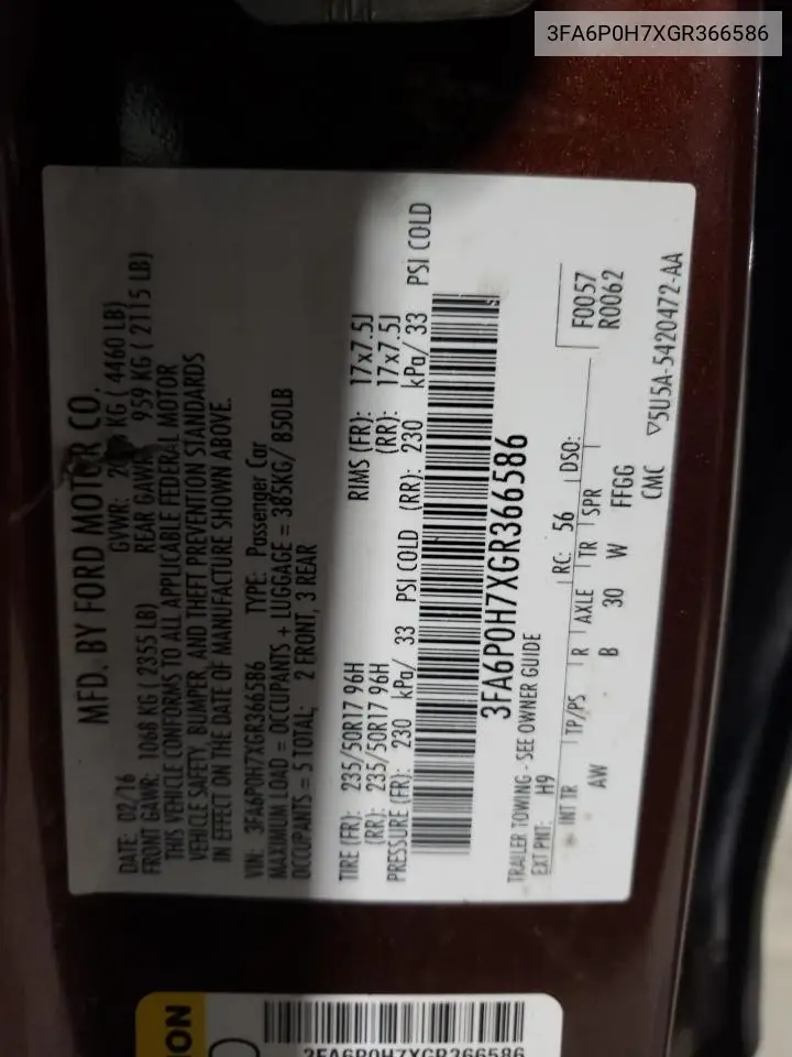 2016 Ford Fusion Se VIN: 3FA6P0H7XGR366586 Lot: 62573775