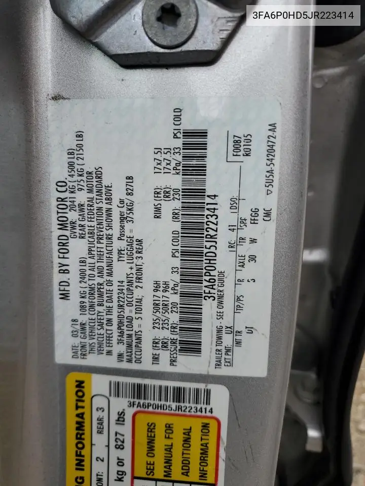2018 Ford Fusion Se VIN: 3FA6P0HD5JR223414 Lot: 59210325