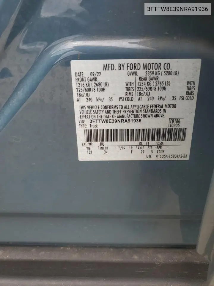 2022 Ford Maverick Xl VIN: 3FTTW8E39NRA91936 Lot: 56234815