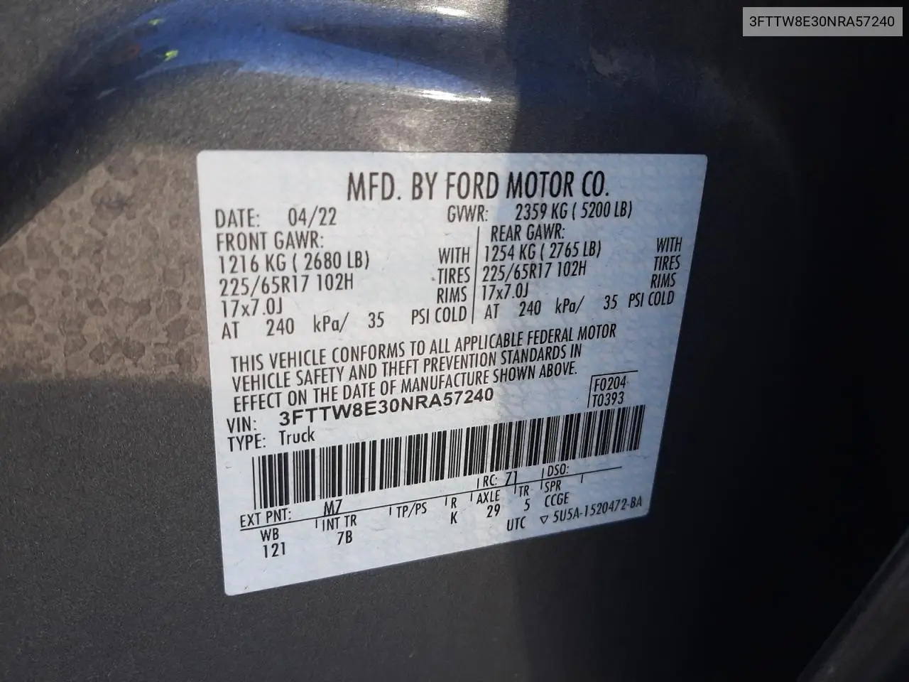 2022 Ford Maverick Xl VIN: 3FTTW8E30NRA57240 Lot: 56586005